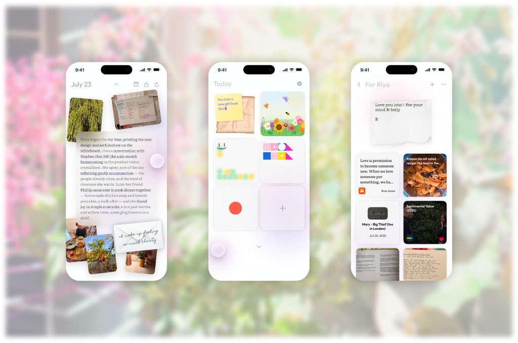 Glia app screens — journal, today, and shared collection