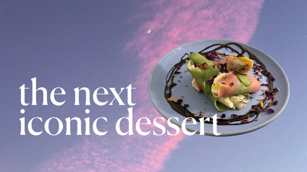 Sofi dessert on a plate against a purple sky — the next iconic dessert